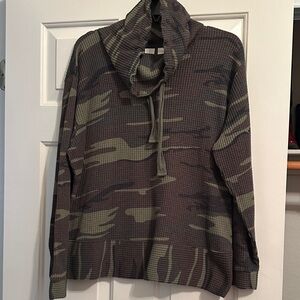 Camouflage Cowl Neck Waffle Knit Top